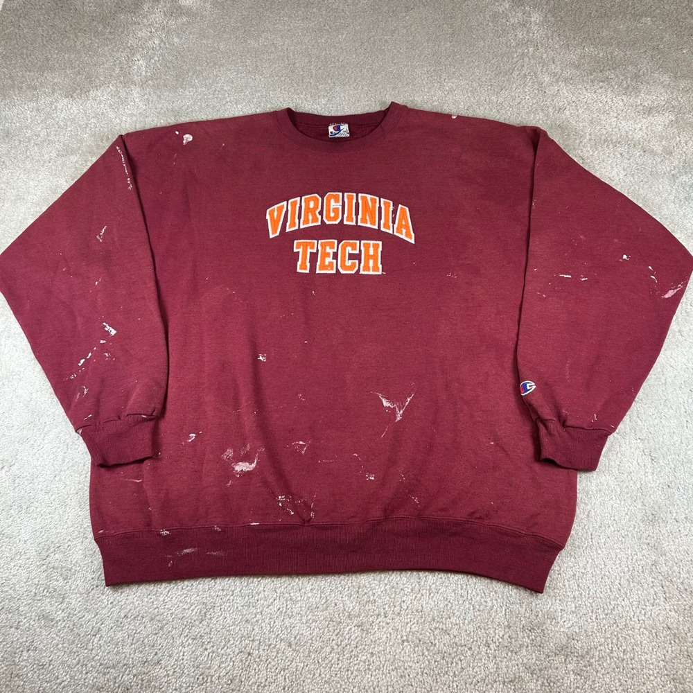 VTG Champion Sweatshirt Mens XL Maroon Virginia Tech Distressed Paint Splatter